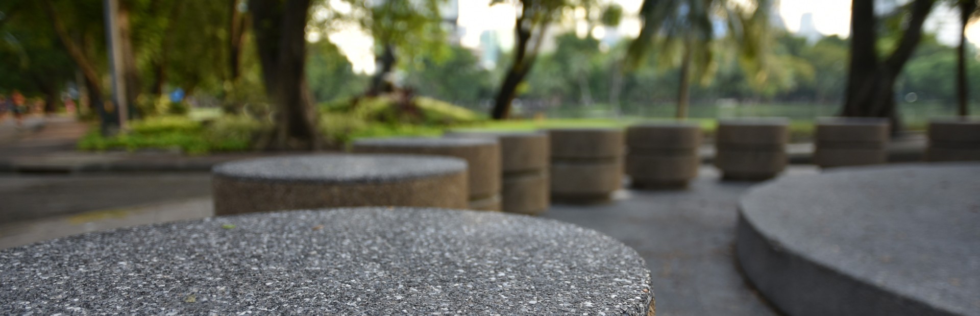 Circular ordered stone bollards with a background of grass and tree-trunks